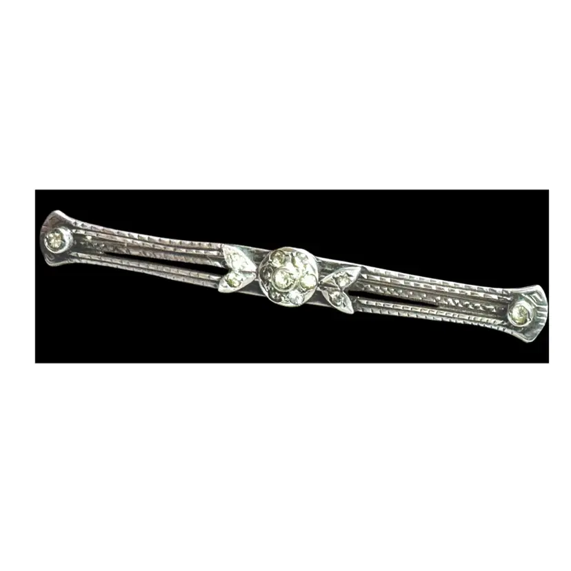 Antique Edwardian Era Sterling Silver Rhinestone Bar Brooch - Prong Set - Fibula Closure - ca. 1900 - 1911