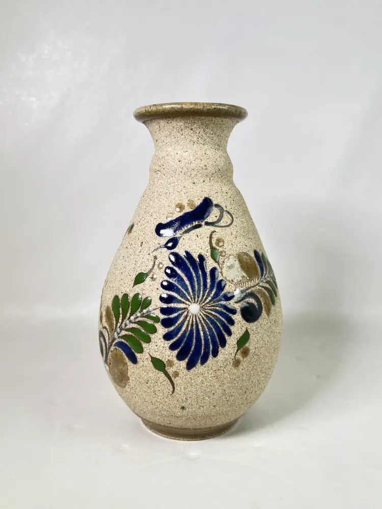 VTG Tonala Stoneware Bud Vase Mexican Folk Art HandPainted Pottery SANDSTONE 6”