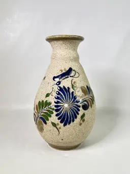 VTG Tonala Stoneware Bud Vase Mexican Folk Art HandPainted Pottery SANDSTONE 6”