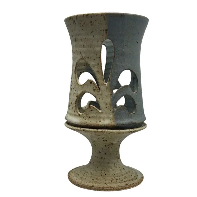 Signed Pottery Candle Holder w Cut Outs 6.75” Tall