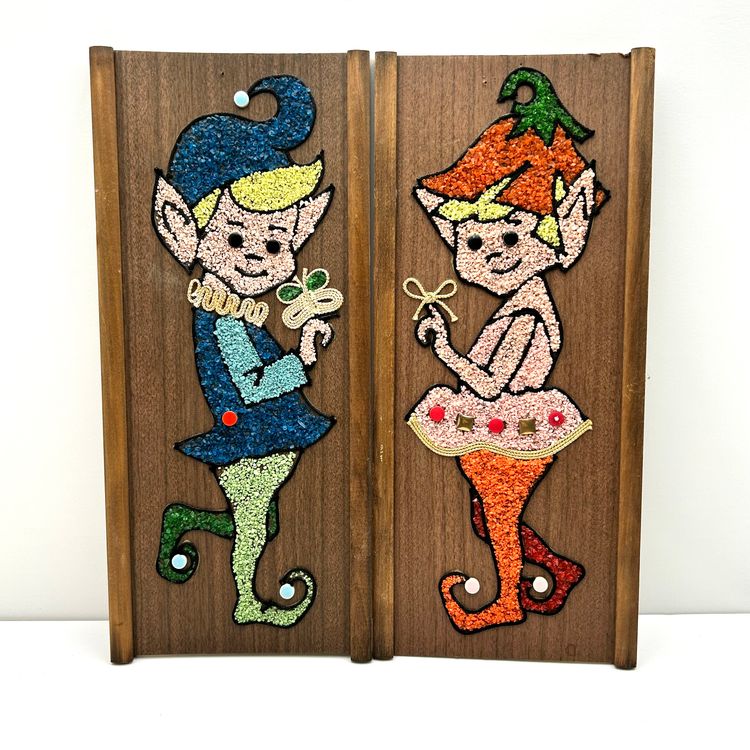 Pair of Pebble Art MCM Pixie Elf Vintage Wall Art