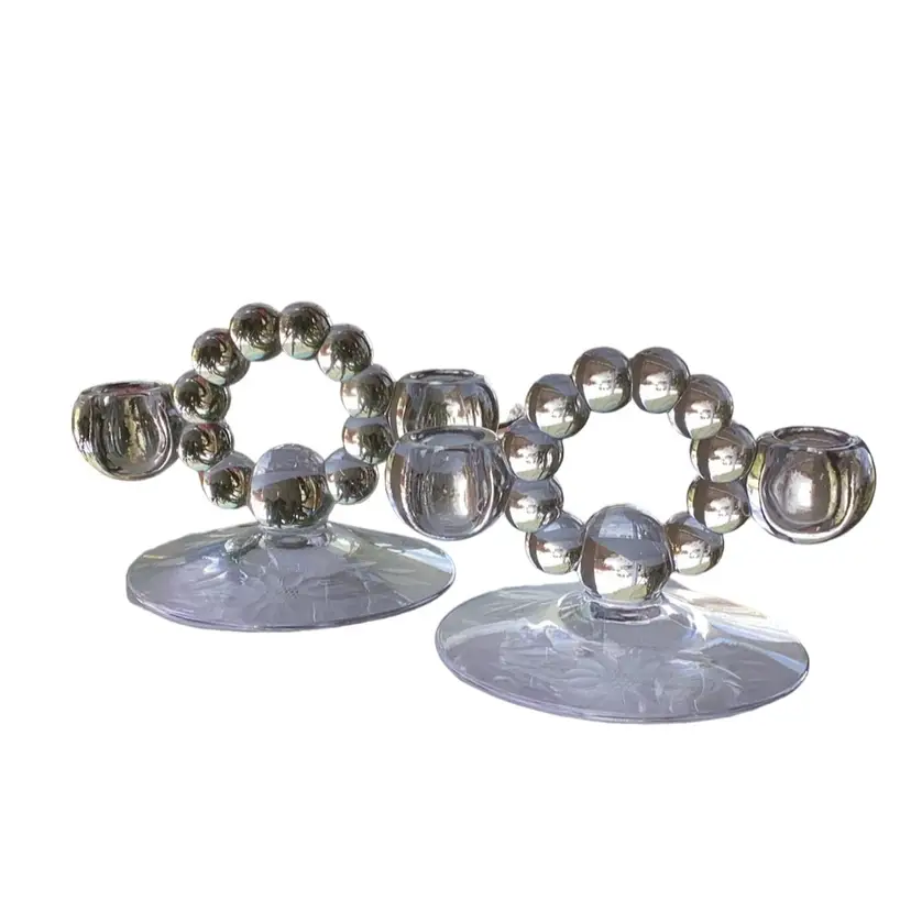 Vintage Pair Of Imperial Etched Glass Double Candlestick Holders