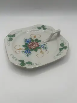 Hand Painted Occupied Japan Nappy Lemon Dish Floral Gold Trim Red Blue Green Yellow