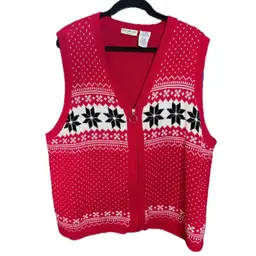 Vintage Red Fair Isle Snowflake Zip Up Sweater Vest Size 22W 24W Nordic Holiday