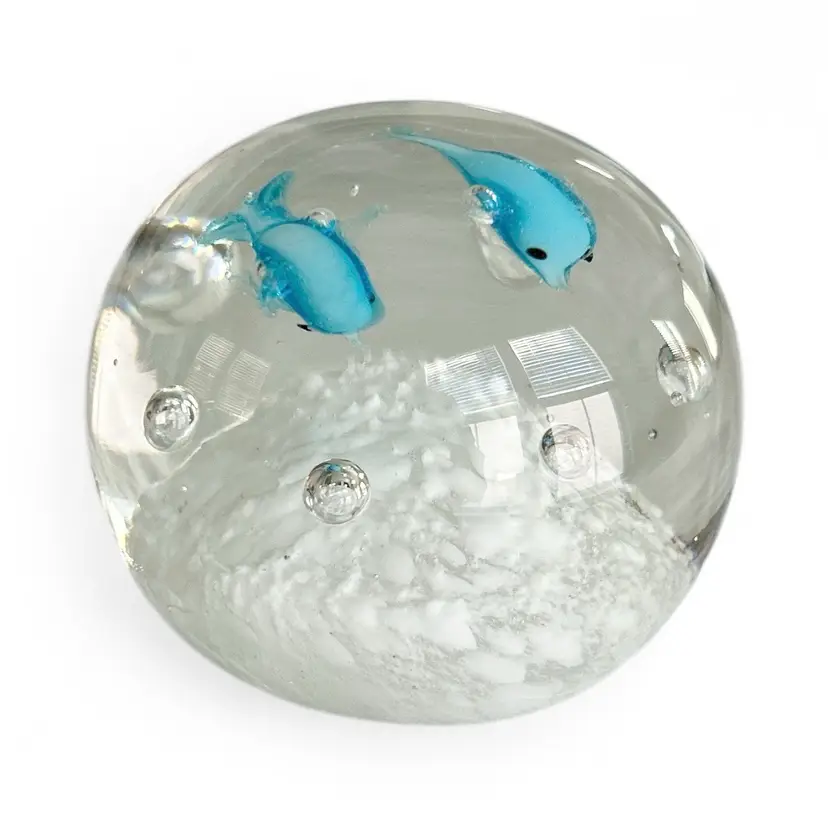 Vintage Art Glass Hand Blown Round Paperweight Swimming Dolphins With Bubbles