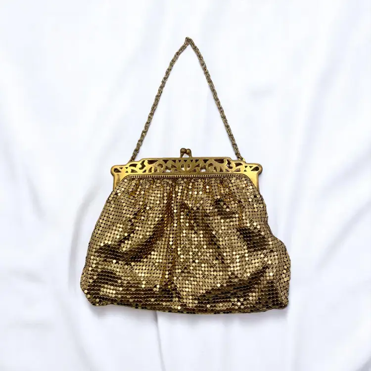 Vintage Whiting & Davis Gold Mesh Clutch with Filigree Frame and Satin Lining | Evening Purse Mid Century Bag for Weddings or Collectors