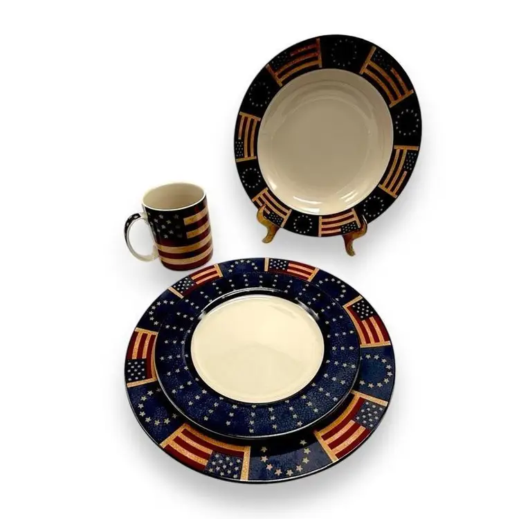 Coventry American Flag Design "Liberty" Dinnerware Set - Stoneware Plates, Bowl, & Mug- Set Includes 8 Pieces