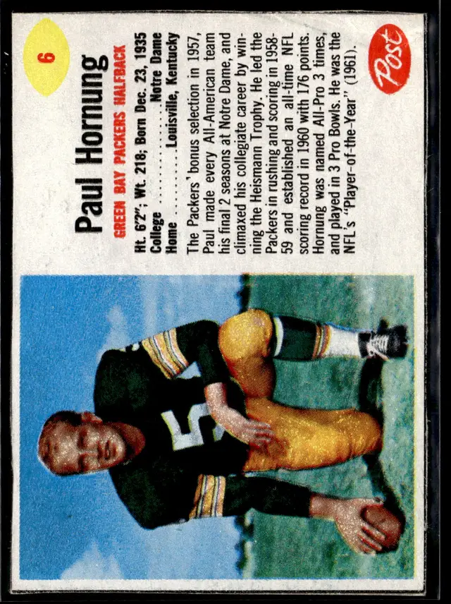 #151 Paul Hornung 1962 Post Cereal #6 *LIVE AUCTION*