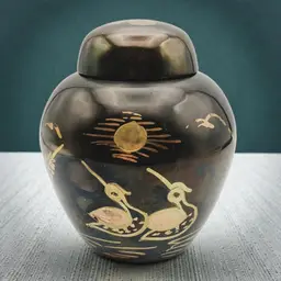 Brass Ginger Jar w/ Copper Filled Incised Swans, Water Reeds, Moon Made in India