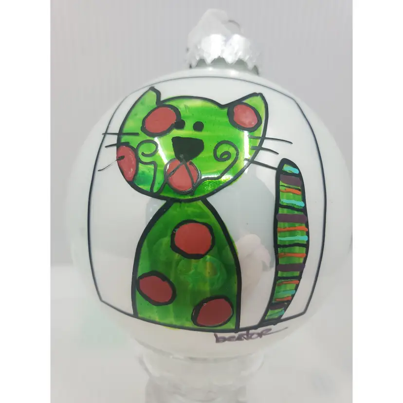 Whimsical Cat On 3.5" Glass Ornament Add A Name/ Year For No Additional Charge