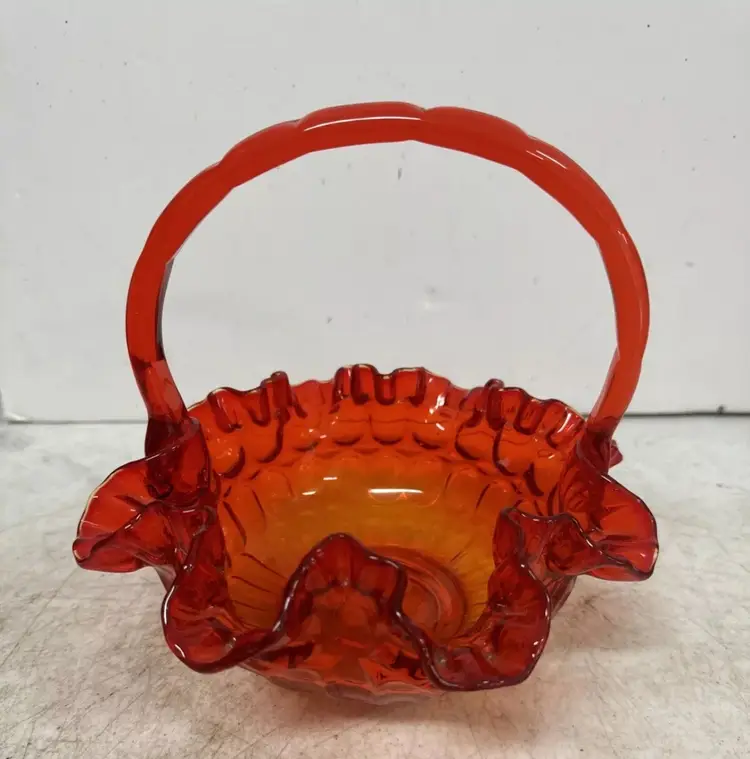 Fenton Amberina Glass Thumb Print Ruffled Basket With Applied Handle
