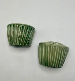 Vintage Mini Handmade Celadon Green Ribbed Ceramic Wall Pocket Set of 2