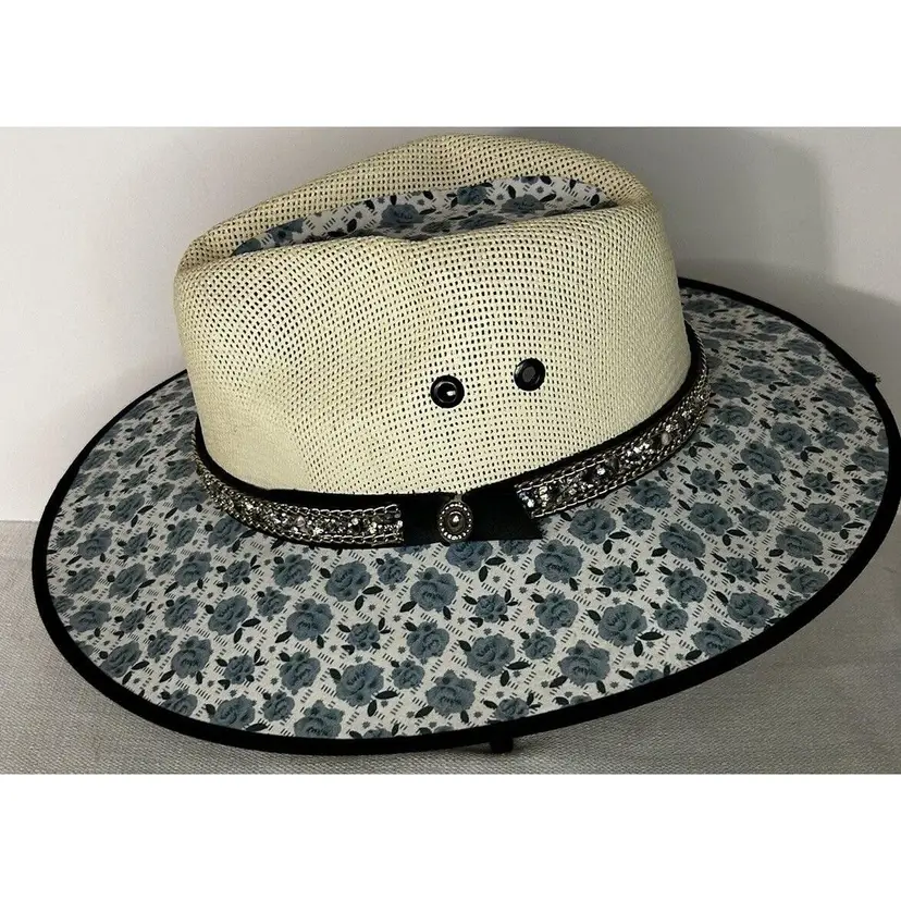 Artisanal Blue Floral with Rhinestones Off-White Panama Straw Hat ~ Mexico