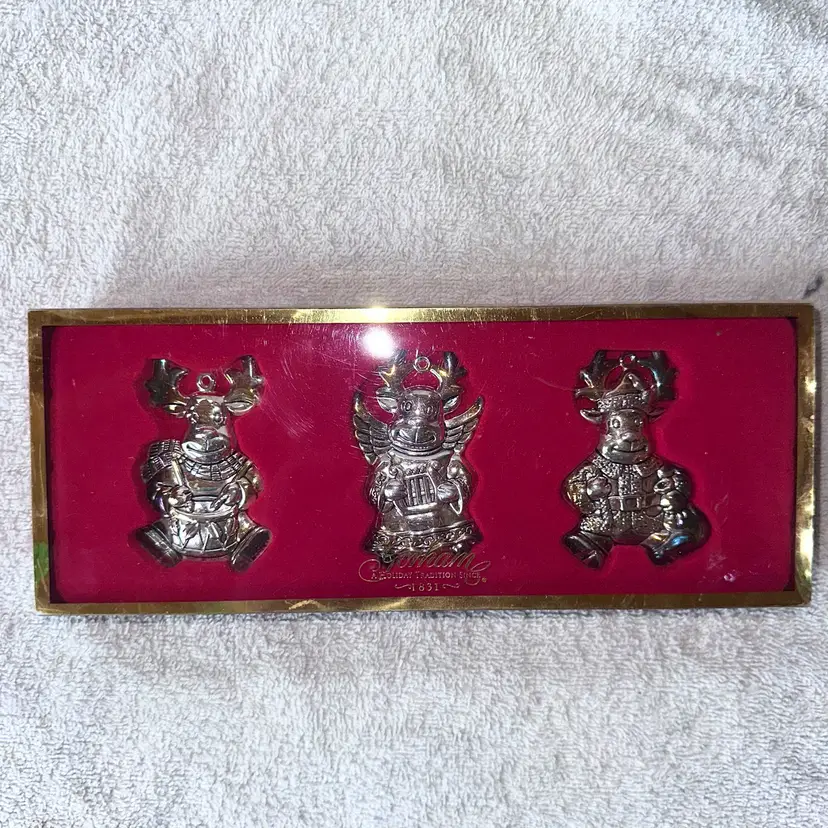 NIB Gorham 1831 Silverplate Reindeer Christmas Ornaments Set of 3