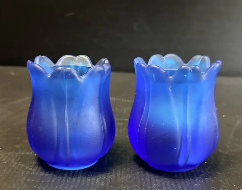 Vintage Faroy Blue Satin Frost Glass Votive Candle Holder Tulip Flower Set Of 2