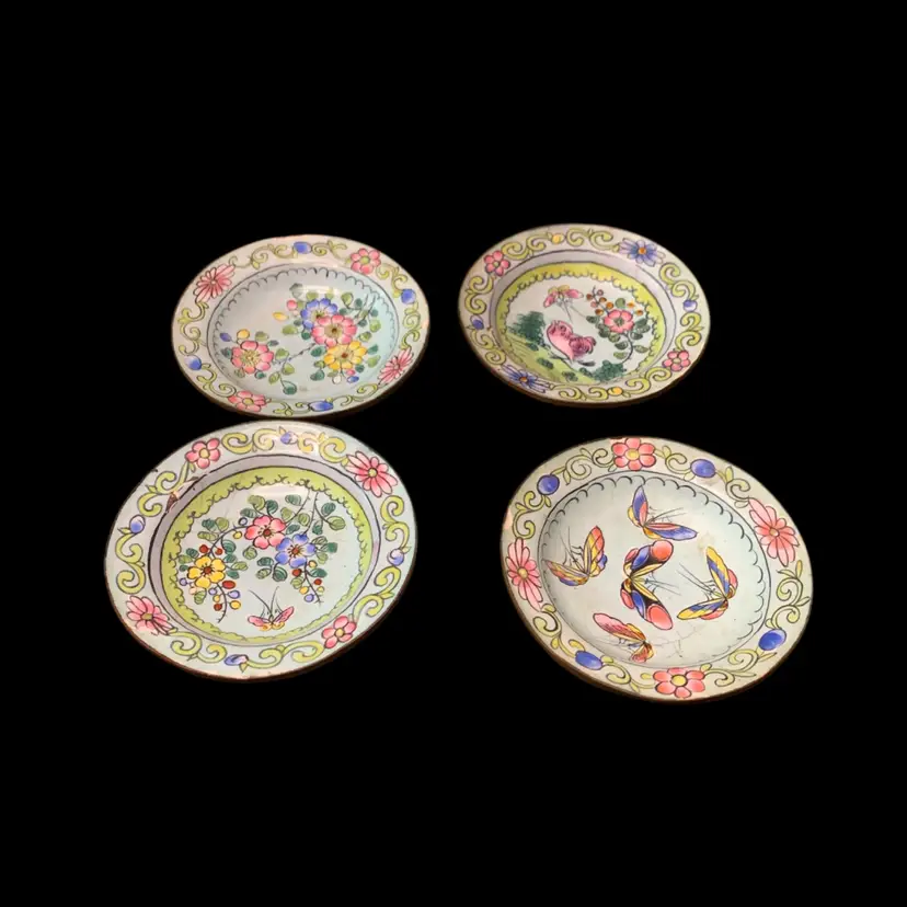 11. Set Of Four Antique China Early Republic Hand Painted Enamel On Copper Pin Dish