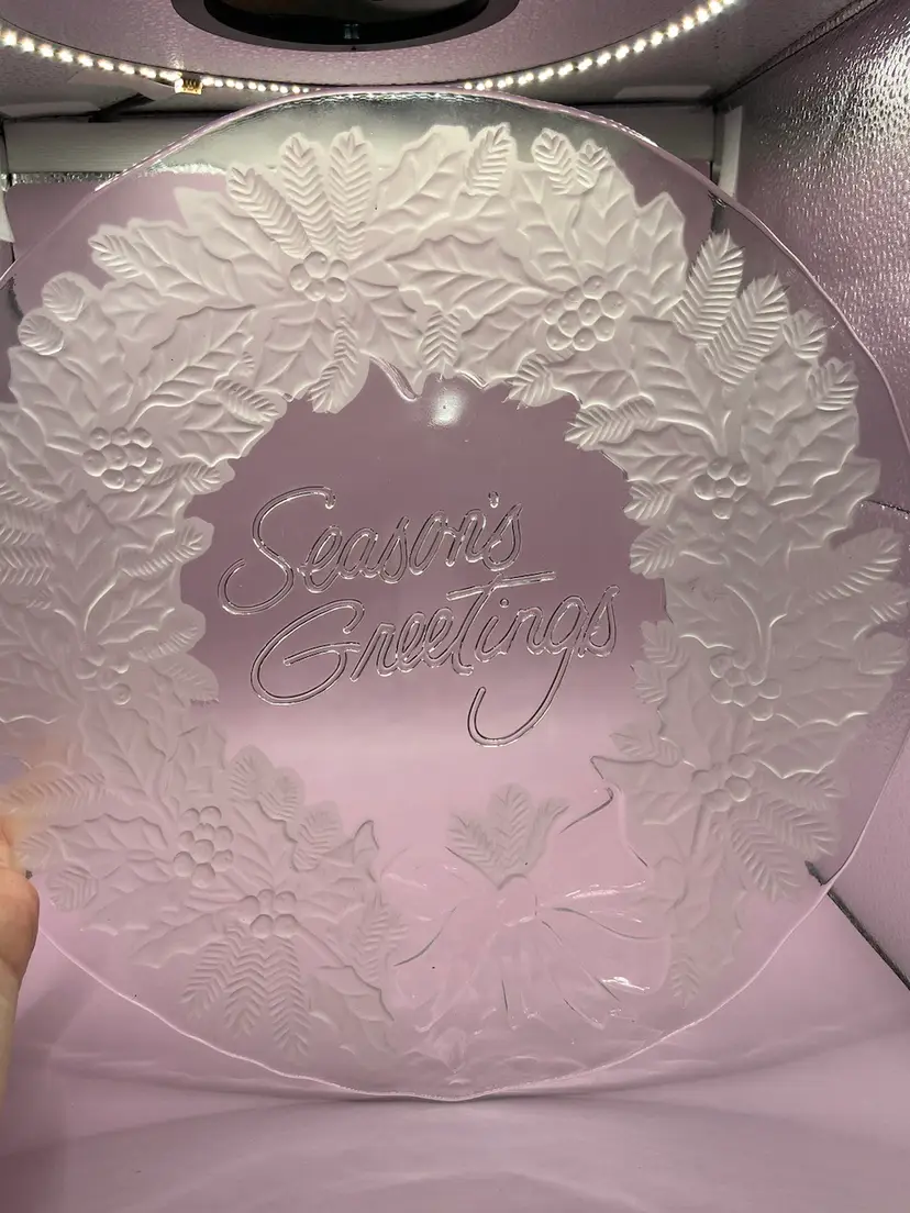 Indiana Glass Satin Frosted Glass “Seasons Greetings” Platter 13”