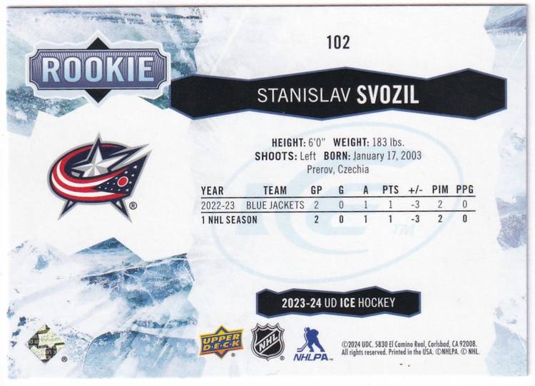 2023-24 Upper Deck Ice #102 Stanislav Svozil RC Columbus Blue Jackets Hockey Card