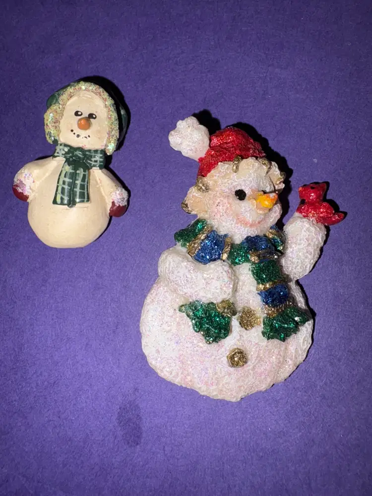 Lot Of 2 Vintage Christmas Snowman / Snow People Brooches ~ One Holding A Cardinal