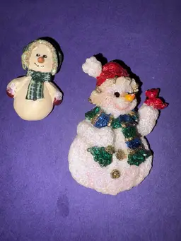 Lot Of 2 Vintage Christmas Snowman / Snow People Brooches ~ One Holding A Cardinal