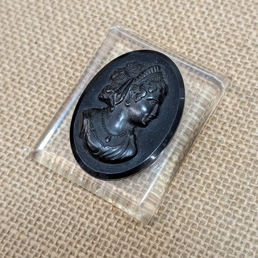 Vintage Chunky Clear Lucite and Black Mourning Cameo Brooch Pin 1.75 x 2.25"