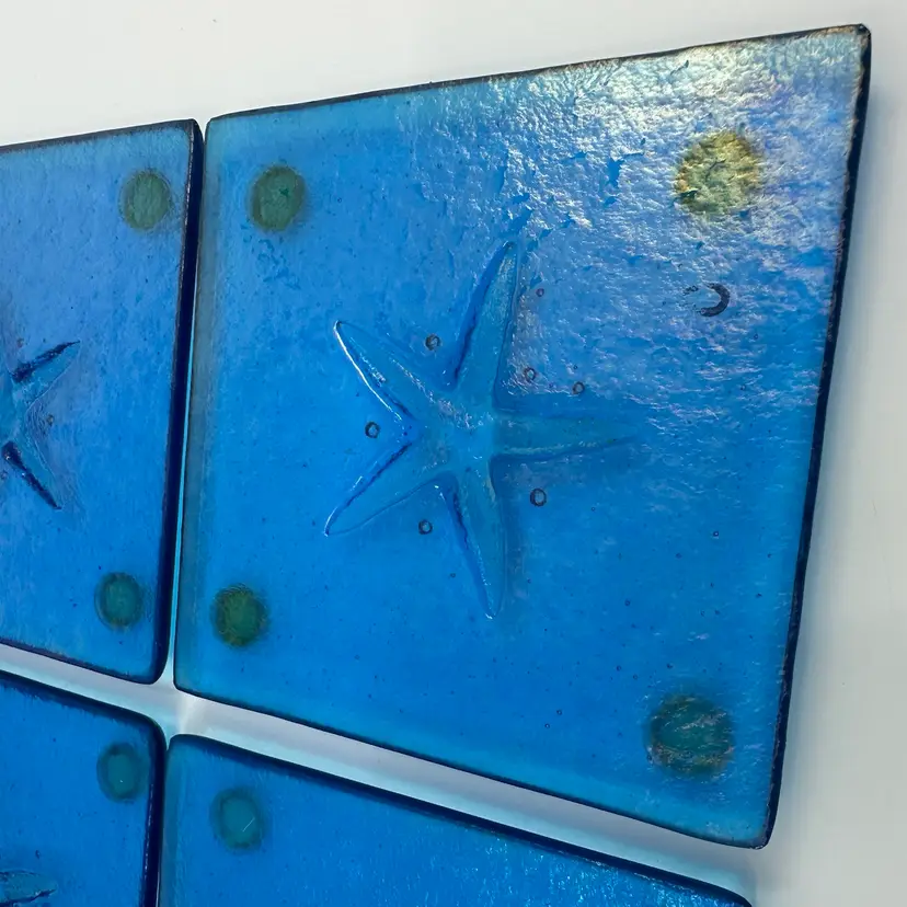Blue Fused Glass Starfish Square Trivets/Coasters Set/4