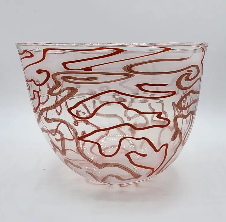 Hand Blown Art Glass Abstract Red Swirl White Polished 7.75" Console Bowl NWOT