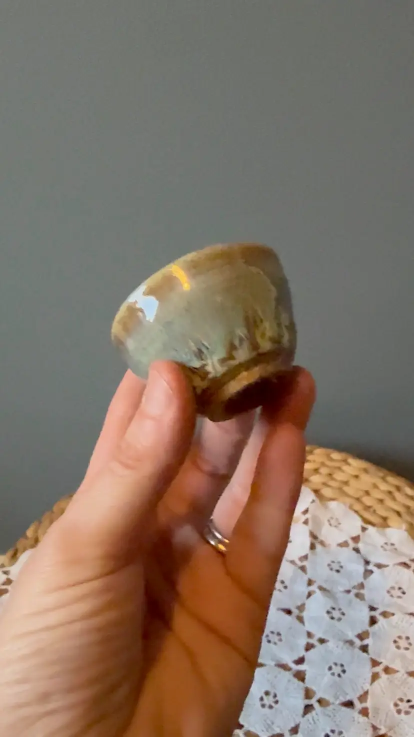 Handmade Studio Pottery Teacup – Whimsical Figure Handle - Blue Green - Signed