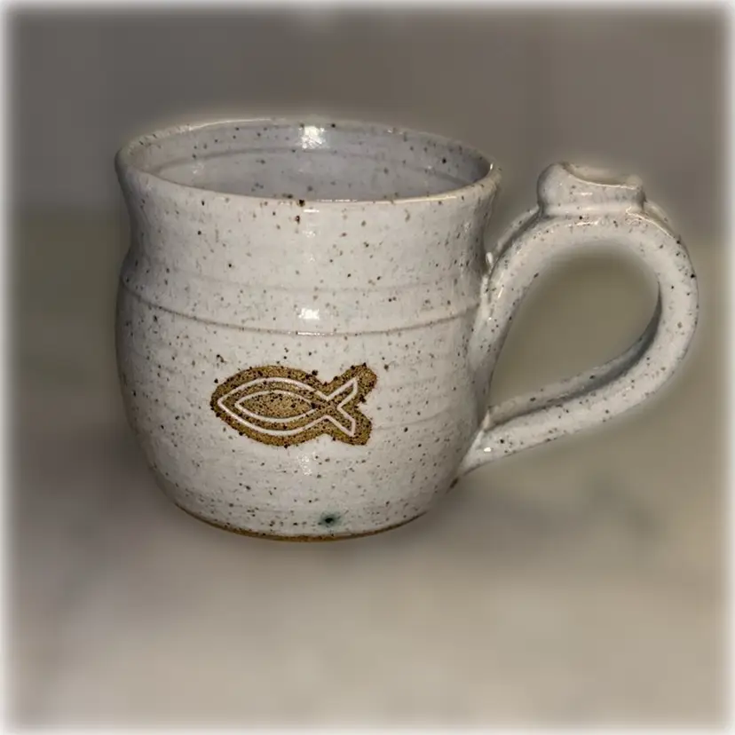 Hand Made Stoneware Mug Speckled Off White Glaze Fish Symbol Signed 1998 Coffee Expresso Demitasse 6oz