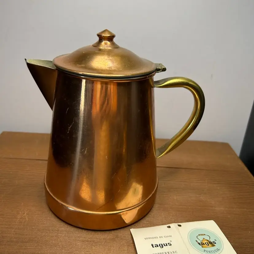 Made In Portugal Vintage Copperware “Tegus” Brand Some Wear Couple Of Dents Coffee Pot @ 7 1/2” Tall