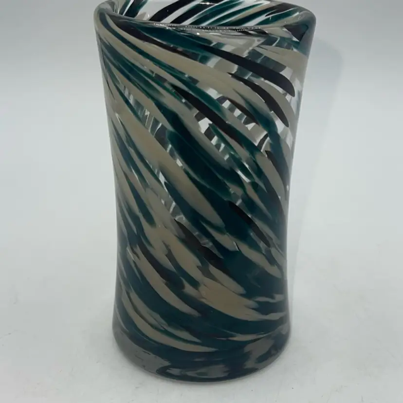 Art Glass Flower/Bud Vase Greens Blacks Tans 4.75 Inches