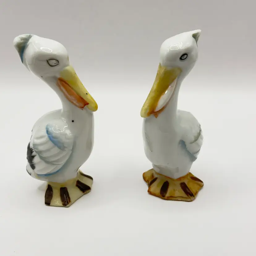 Vintage 1950’s Pelican Figurine, Set of 2, Hand-painted Charming Ceramic Coastal Decor, Unbranded, Made in Japan