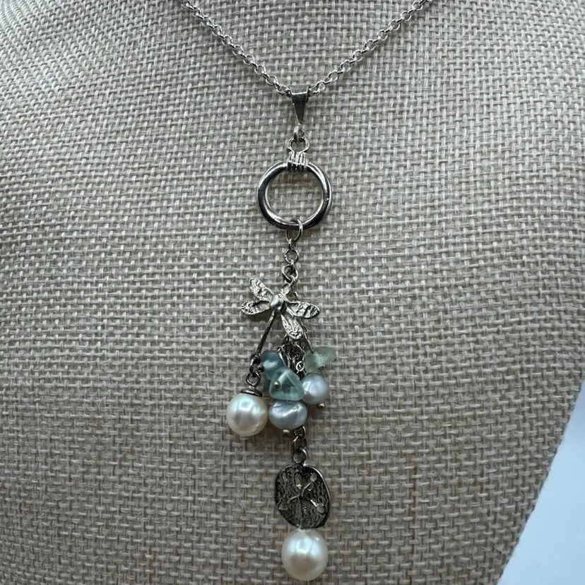 # 7 Pearl & Stone Silver Tone Dragon Fly & Sand Dollar Necklace 26” W/ 3” Extender