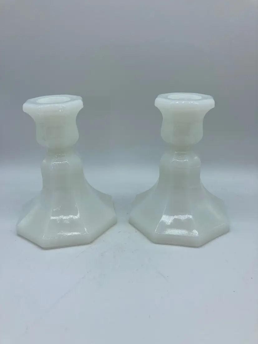 Vintage Pair Of Milk Glass Tapered Candle Stick Farmhouse Country Cottage Core