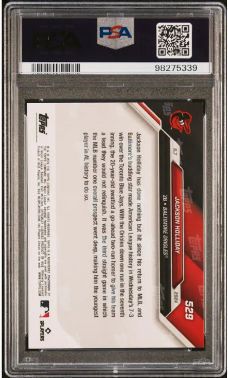 PSA 10 Jackson Holliday 2024 Topps Now #529 Jersey #7/10 Red SP Rookie Card