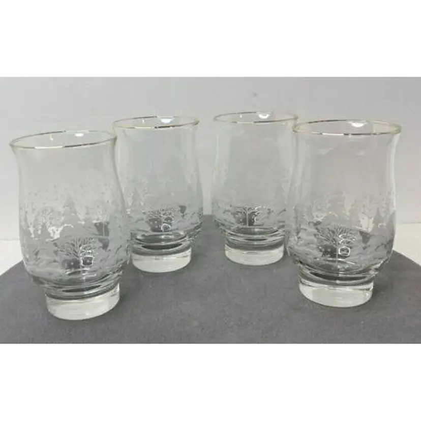 Libbey Arby’s Set Of 4 Christmas Glasses Winter White Frosted Pine Tree Gold Rim