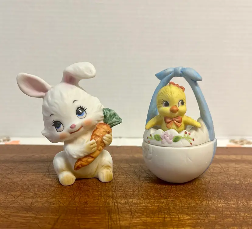 Vintage Lefton China Anthropomorphic Easter Collectibles Bunny Figurine Baby Chick Trinket Box , Kitschy Decor