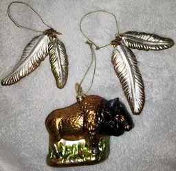 1990's Bronner's Glass Christmas Ornaments 2 Pairs of Feathers & Bison