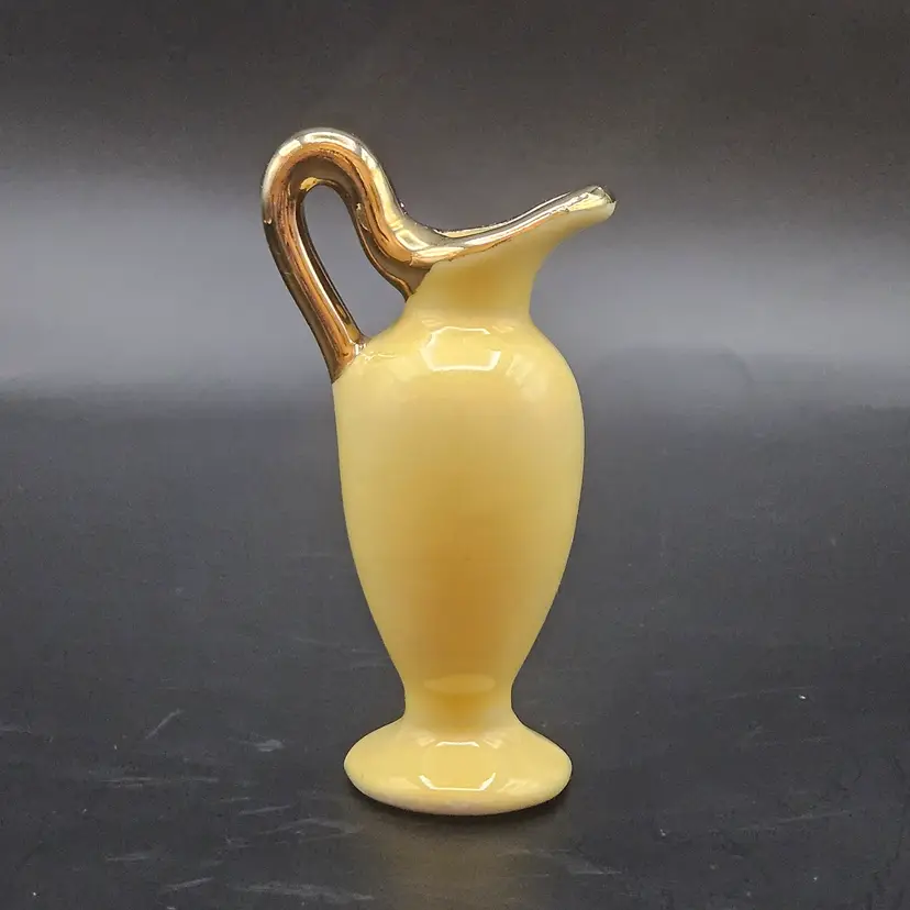 Mini Yellow Pitcher Vase Gold Trim Vintage Ewer