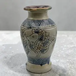 Japanese Okinawa Style Pottery Vase Sgraffito Incised Bird & Fish 7"H