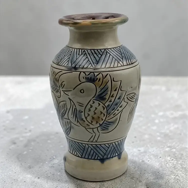Japanese Okinawa Style Pottery Vase Sgraffito Incised Bird & Fish 7"H