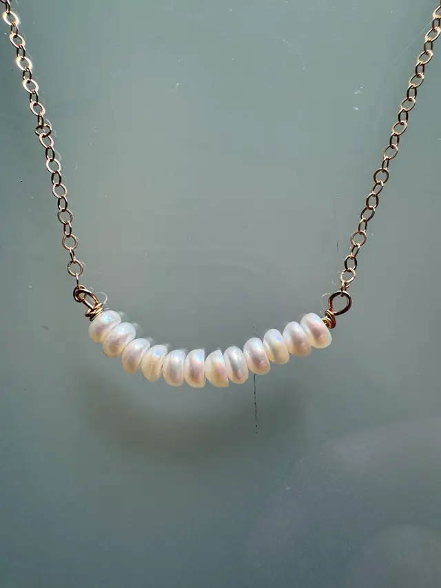#48 Gold Filled Necklace With A Bar Of Dainty Pearls Minimalist Style 19”