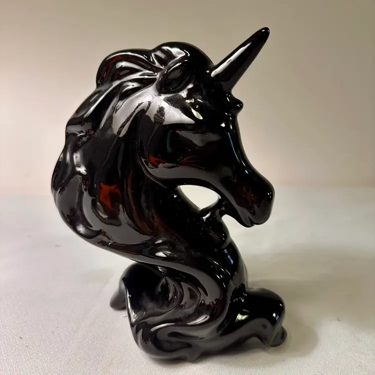 Black Ceramic Unicorn Sculpture Figurine Vintage MCM Art Deco.  Magical Fantasy Rare.