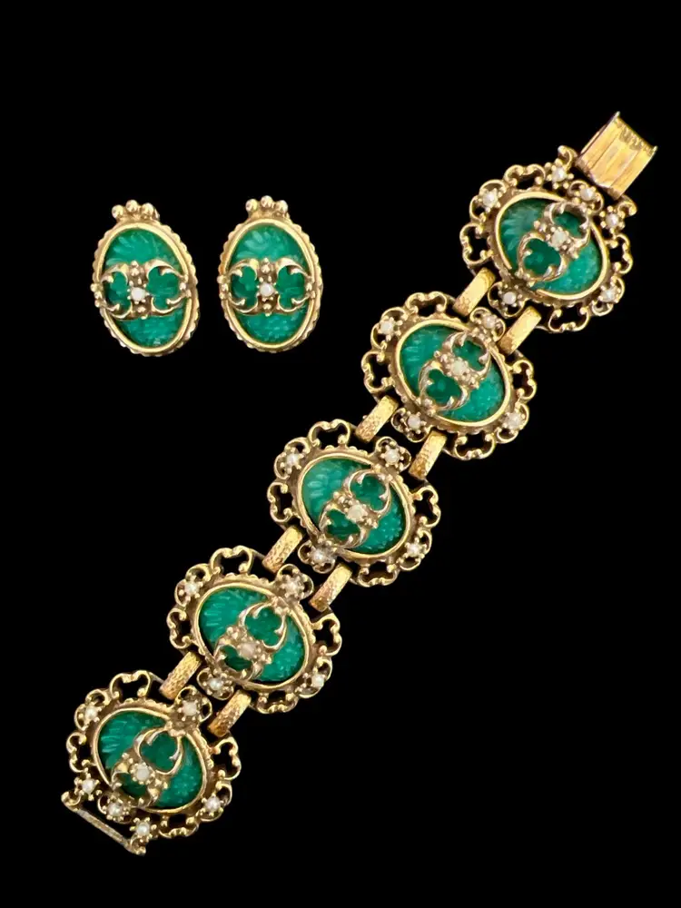 Vintage 60's Judy Lee Spanish Moss Bracelet & Earrings Gold Tone Green Chunky #G-7