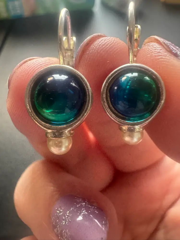 Silver Tone Blue Green & Faux Pearl Earrings - Leverback