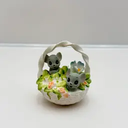 Georgian Fine Bone China Pair Of Mice In A Basket Figurine