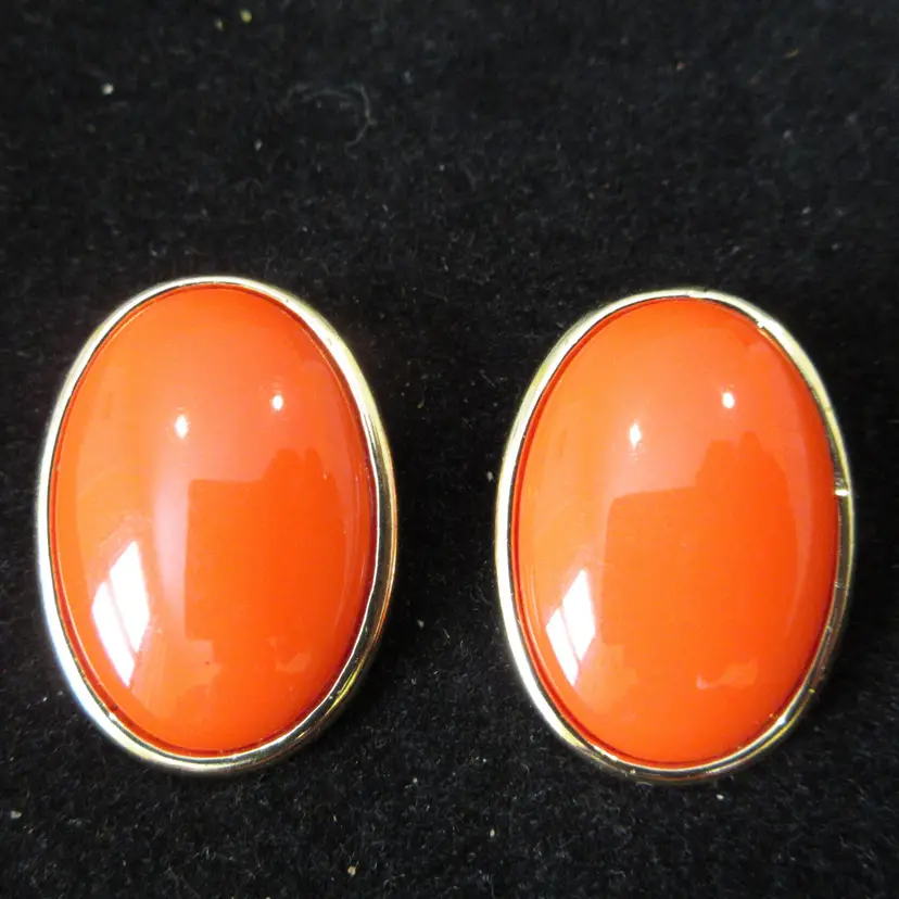 Vintage Large Orange Enameled Gold Tone Metal Retro Clip on Earrings - 1.25 Inches Long