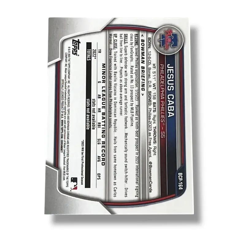 Jesus Caba 1st Bowman Pearl Refractor SSP 2023 Bowman Chrome Starlyn Caba