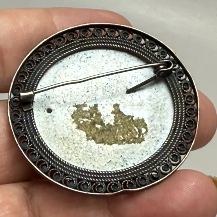 Vintage Russian Rostov Finift Hand Painted Maiden by The River 2" Enamel Brooch