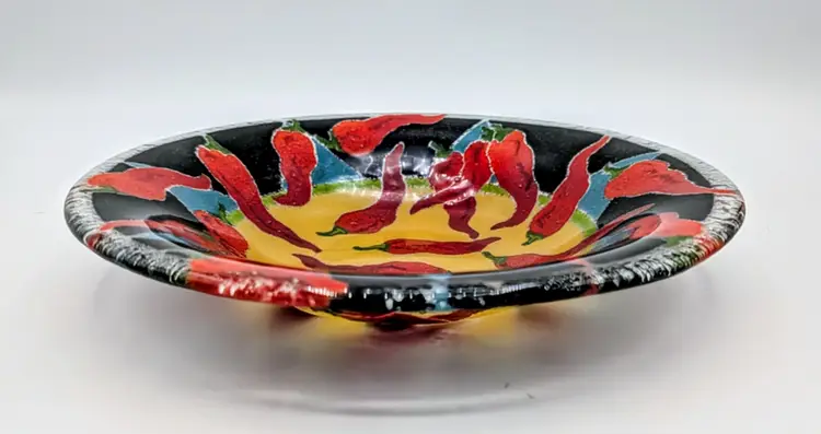 Peggy Karr Fused Glass Chili Pepper Bowl Signed Dated 8.5" Art Glass